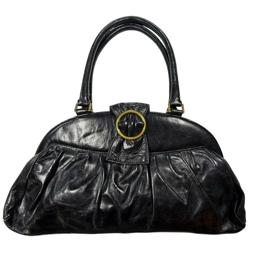 Hobo Vintage Y2K Black Leather Ruched Frame Bag Paisley Lining Brass O-Ring
